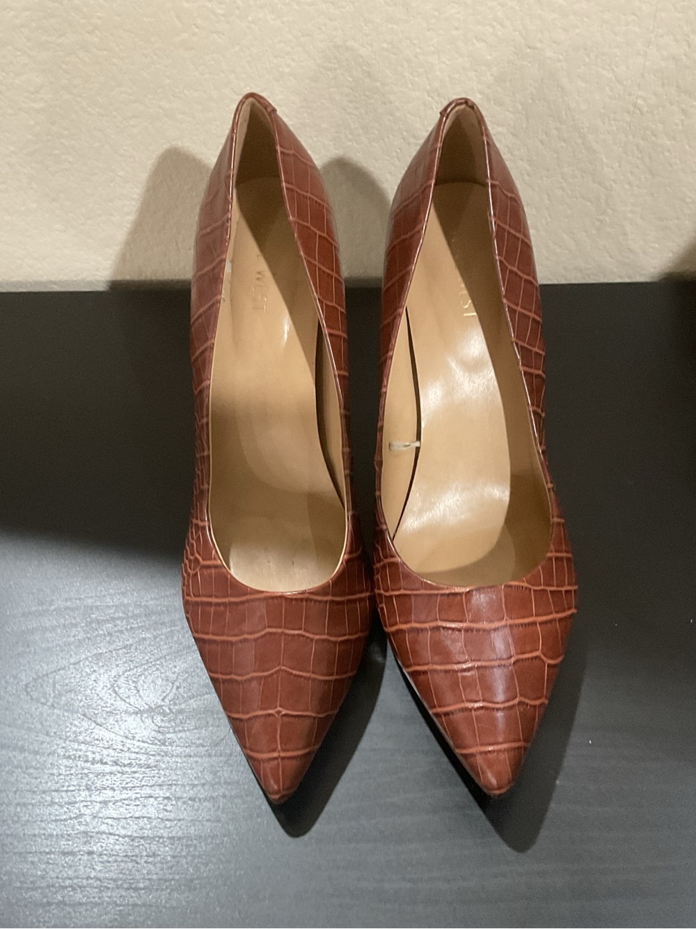 Nine West Cognac Croc-Embossed Pointed Toe Pumps